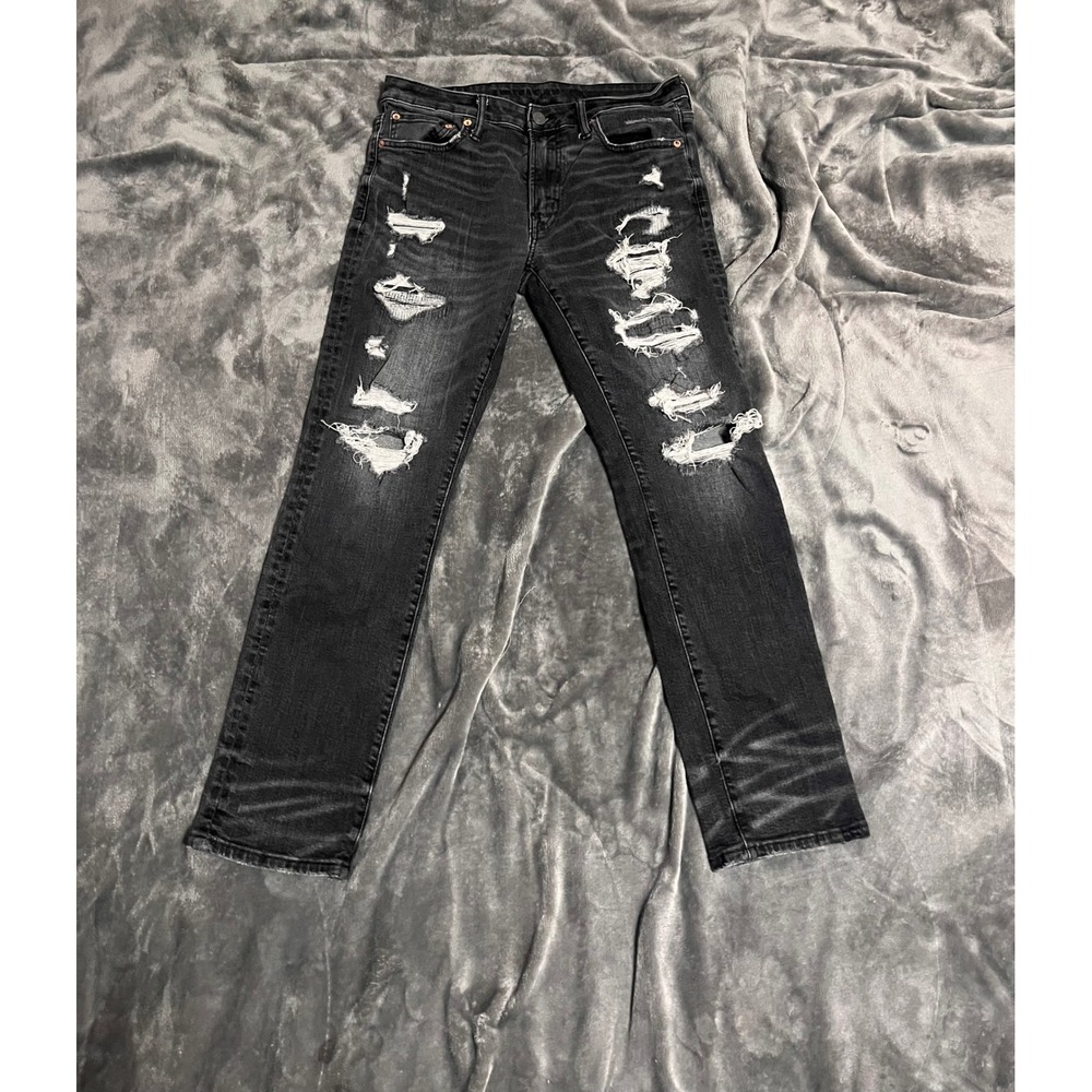 American Eagle Airflex+ Skinny Distressed Black Jeans Mens 32x30